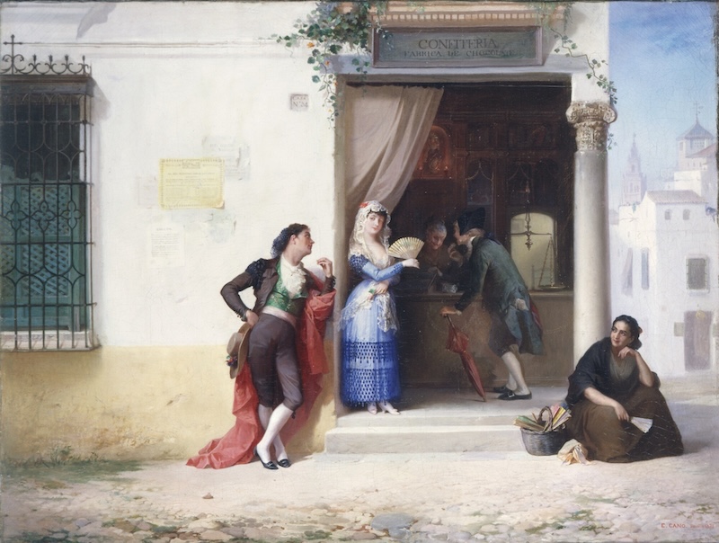 A 19th century oil painting shows a Spanish street scene