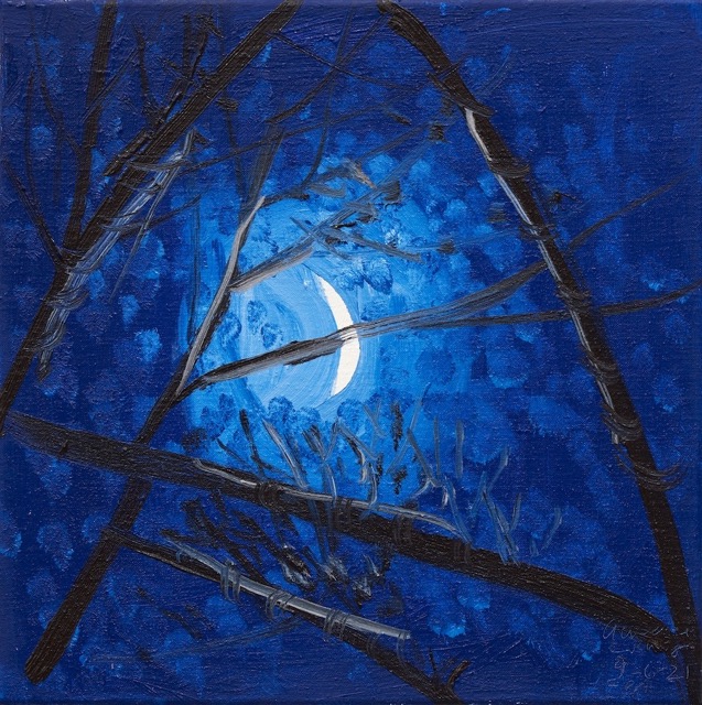 A painting of a crescent moon seen through tree branches