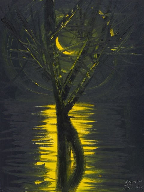A painting of a crescent moon and reflection as seen through tree branches