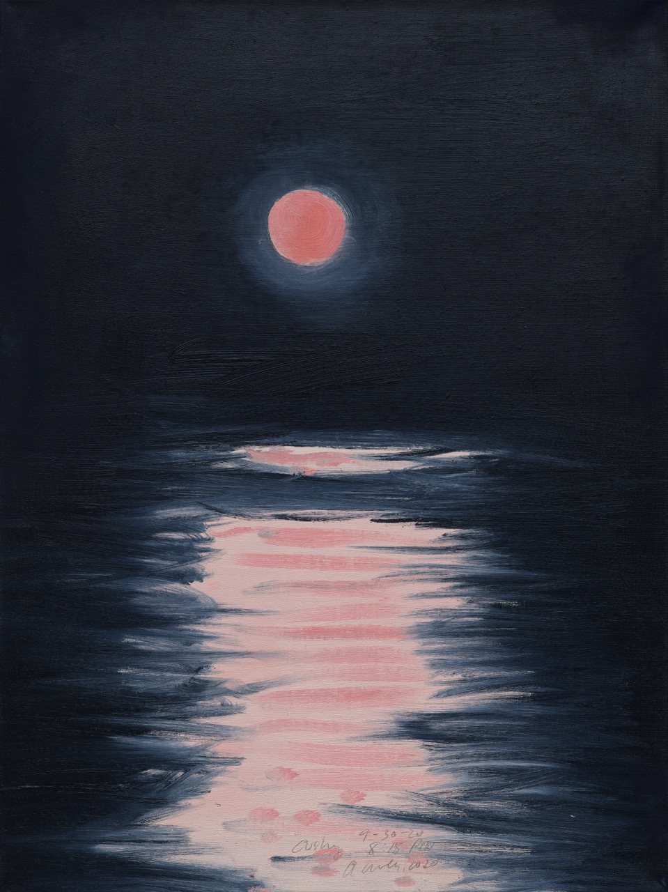 A painting of a pink moon reflected in the water