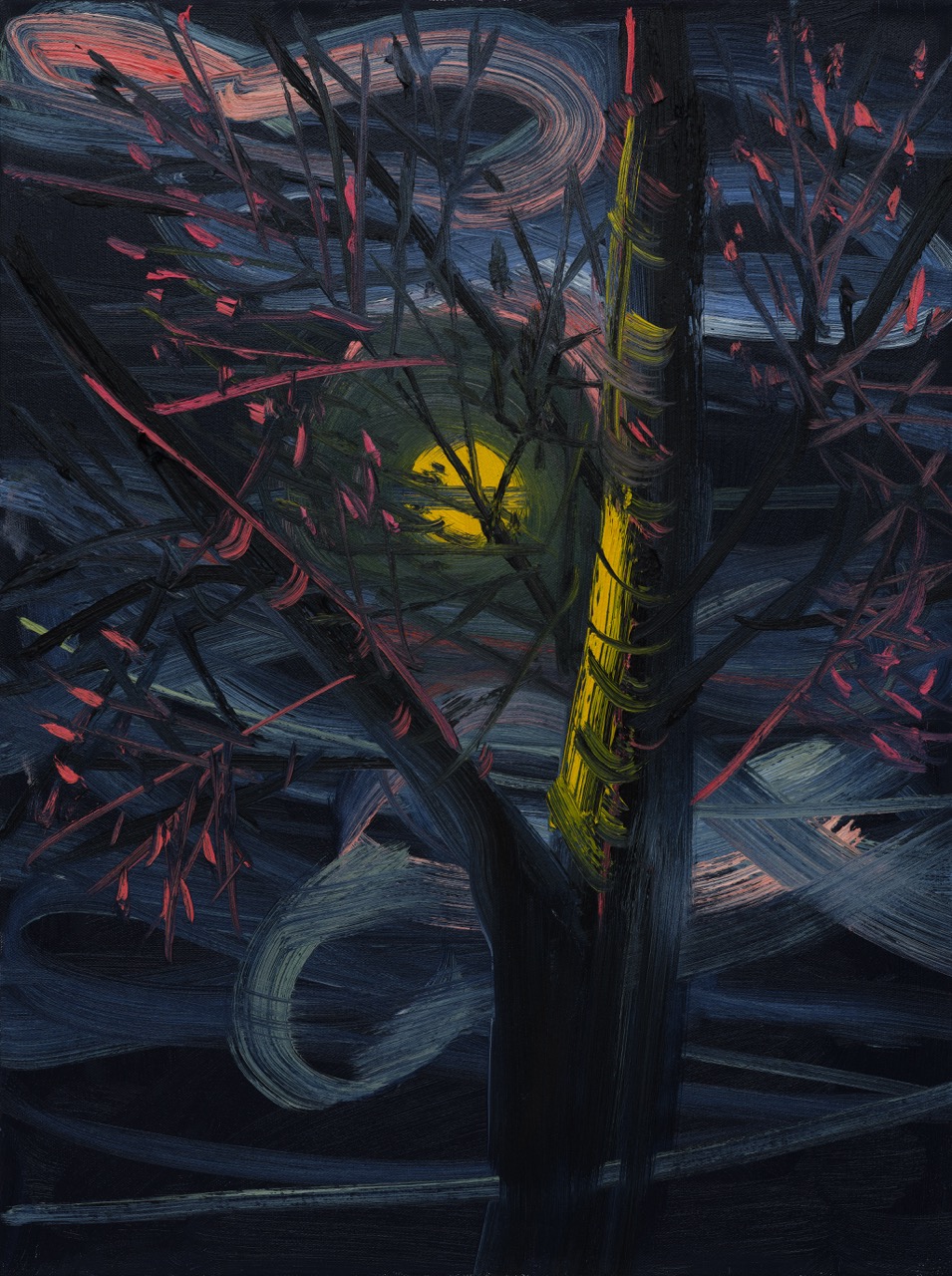 A painting of a yellow moon as seen through tree branches
