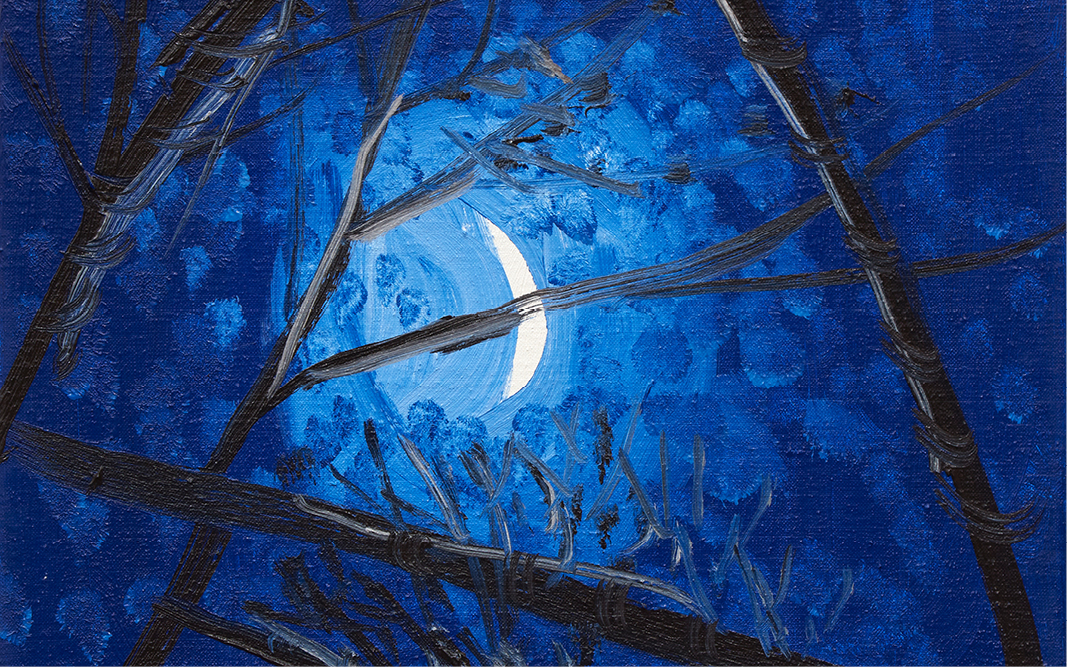 A painting of a crescent moon seen through tree branches