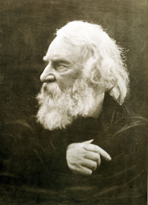 Bearded white-haired man stares to the left with one arm crossing his chest