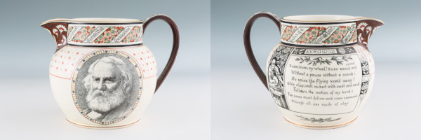 white earthenware jug with borders and stars in brown. A portrait of a white-haired man with beard in foreground