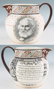 Obverse and reverse of a jug with front showing a man's portrait and the back stanzas of poetry