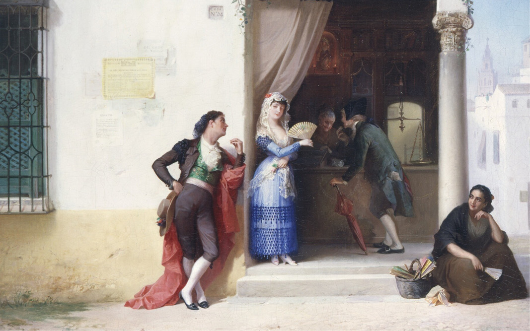 A  detail of a 19th century oil painting shows a Spanish street scene