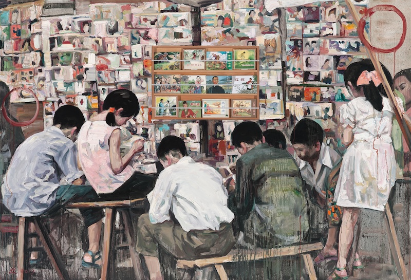A painting of the backs of school children with their heads down looking at picture books
