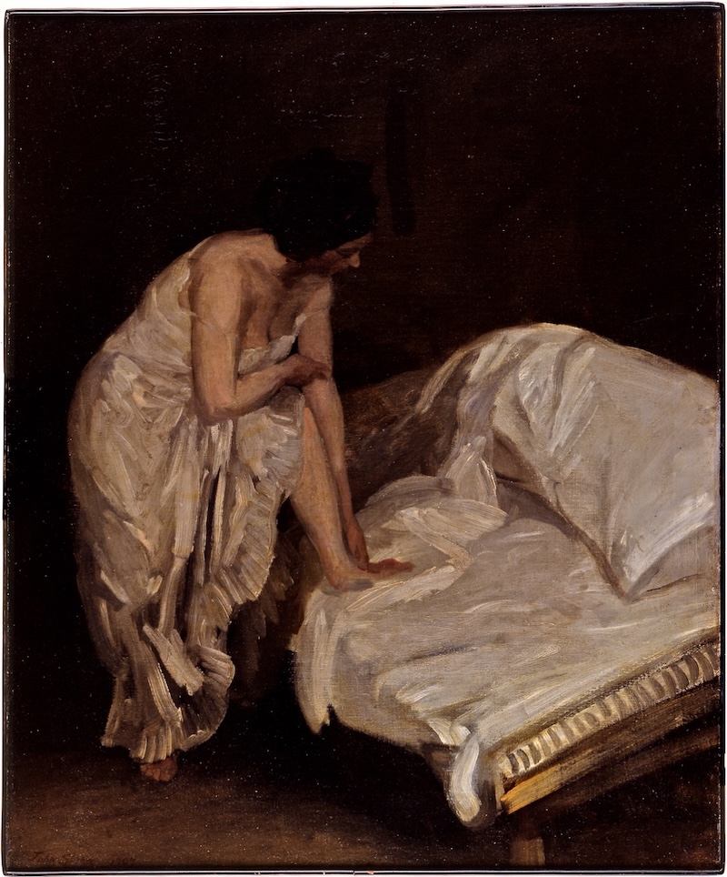 A painting of a woman standing next to a cot
