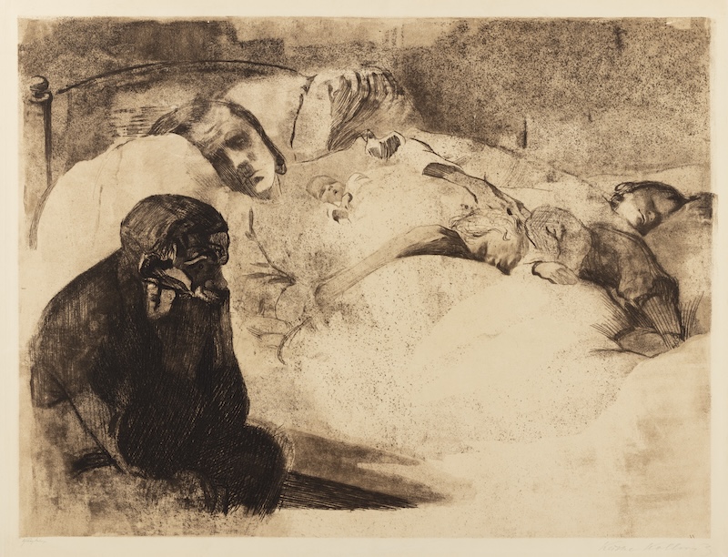 An etching of a woman and two children laying in a bed with a somber male figure sitting next to the bedside
