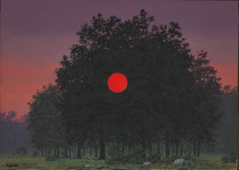 A painting of a surreal sunset through trees