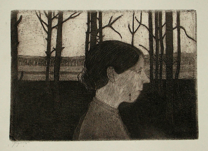 An etching of the profile of a woman