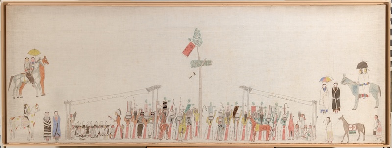 An abstracted depiction of Lakota people gathered around a tree at the center of the composition