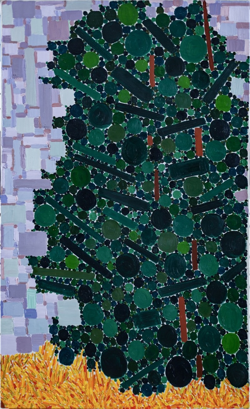 A painting of an abstract evergreen tree