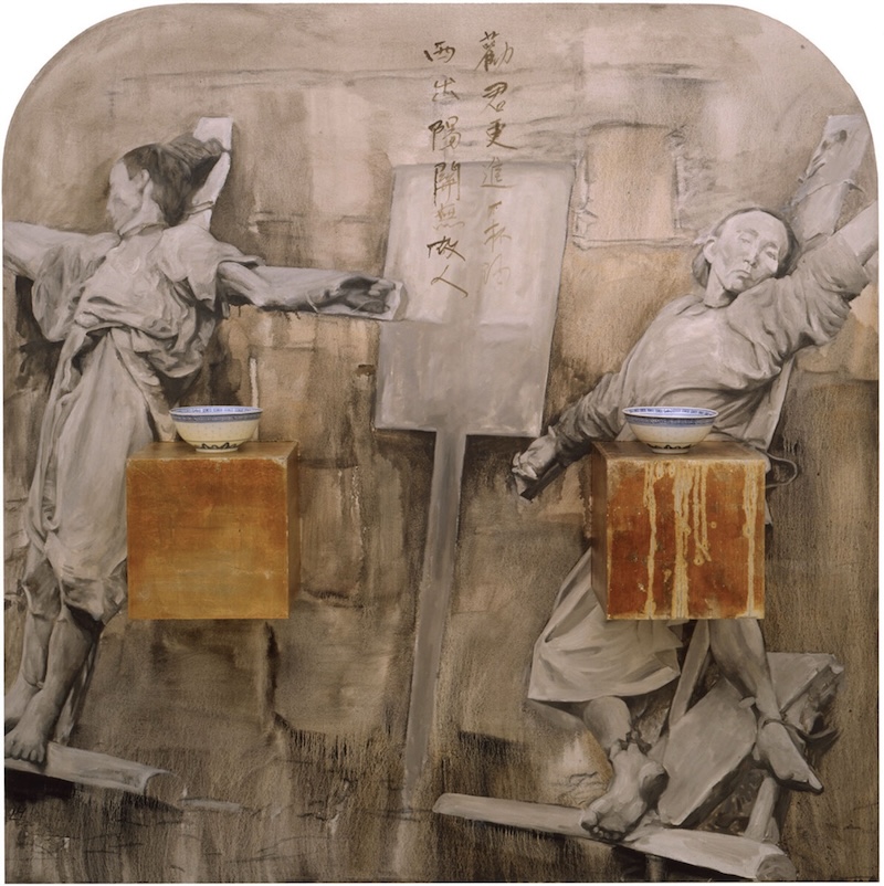 A semi-abstracted monochrome painting of two figures on crosses with Chinese characters and ceramics
