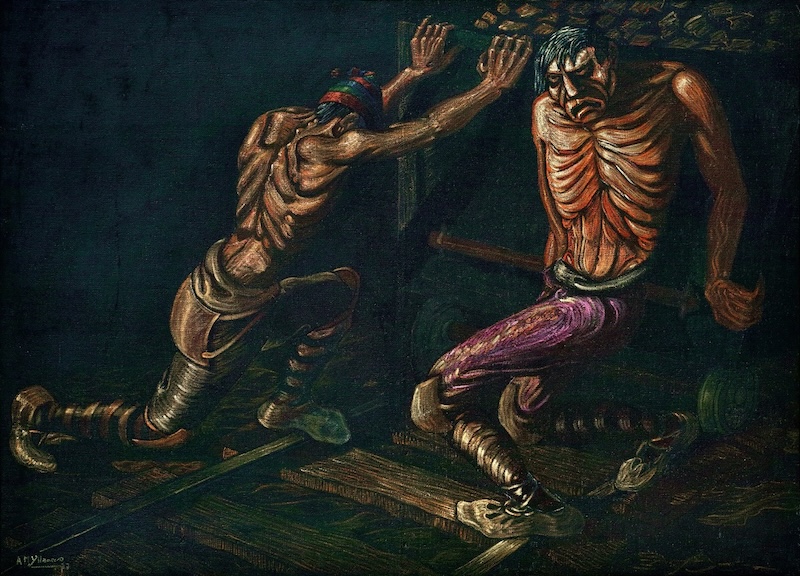 A dark painting of two abstracted figures working in a tin mine