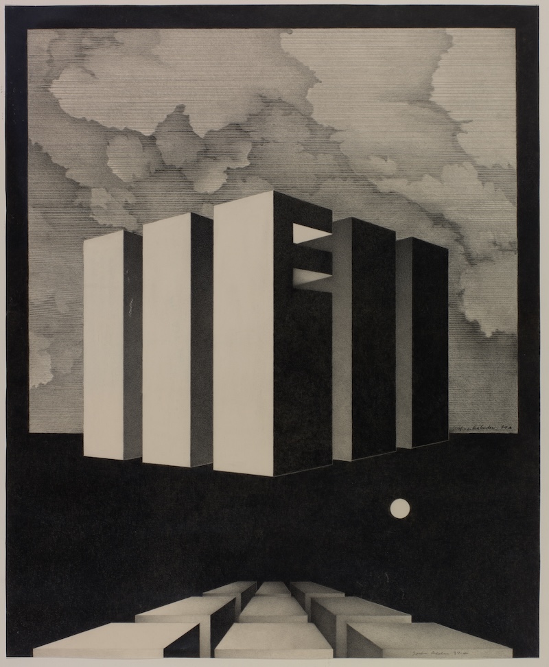 A black and white drawing of geometric forms