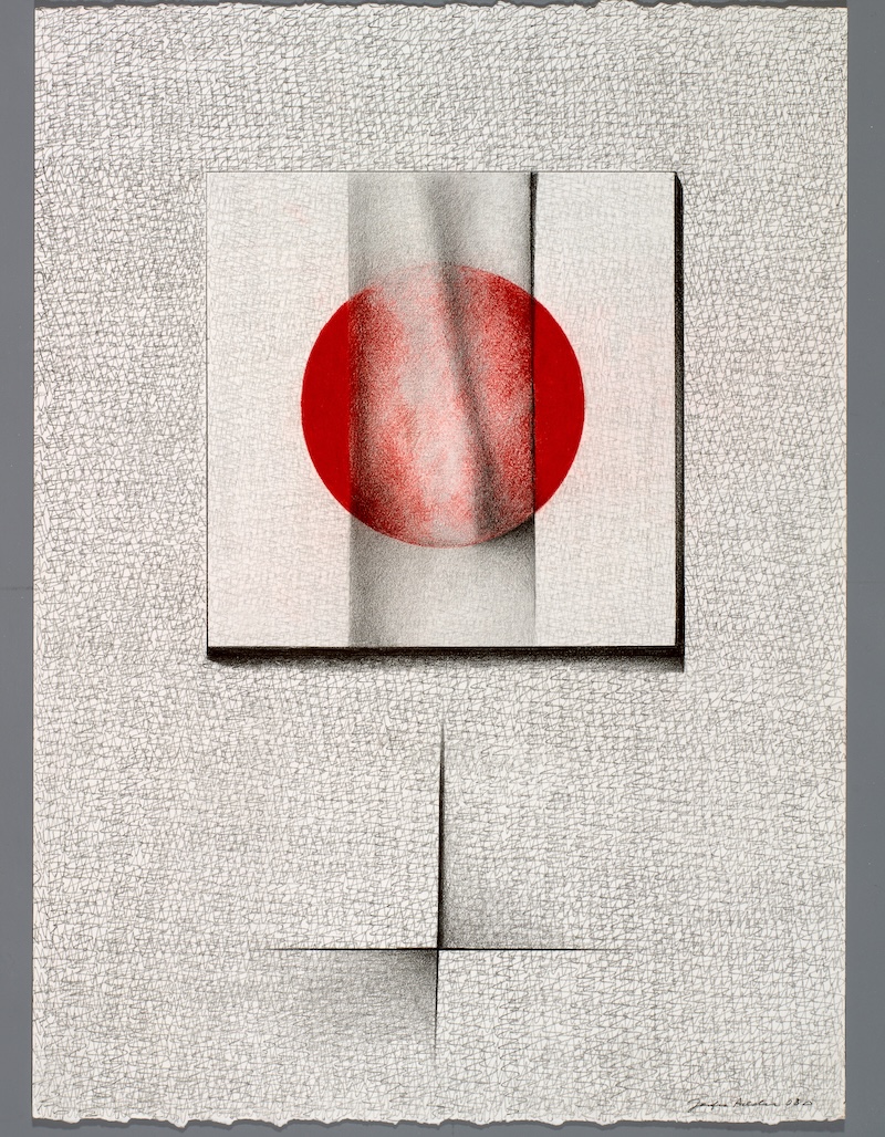 An intricate drawing of abstracted shapes using black, white, and red color palette