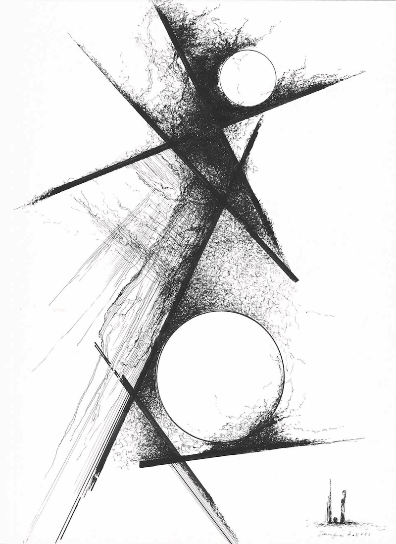 An intricate black and white ink drawing of abstracted shapes and forms