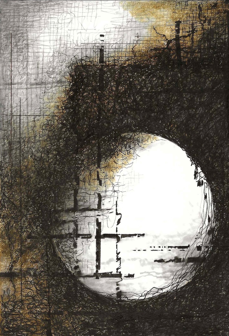 An intricate ink drawing of abstracted shapes and forms