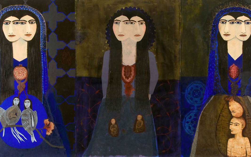A painting shows stylized and surreal depictions of three women each with two faces
