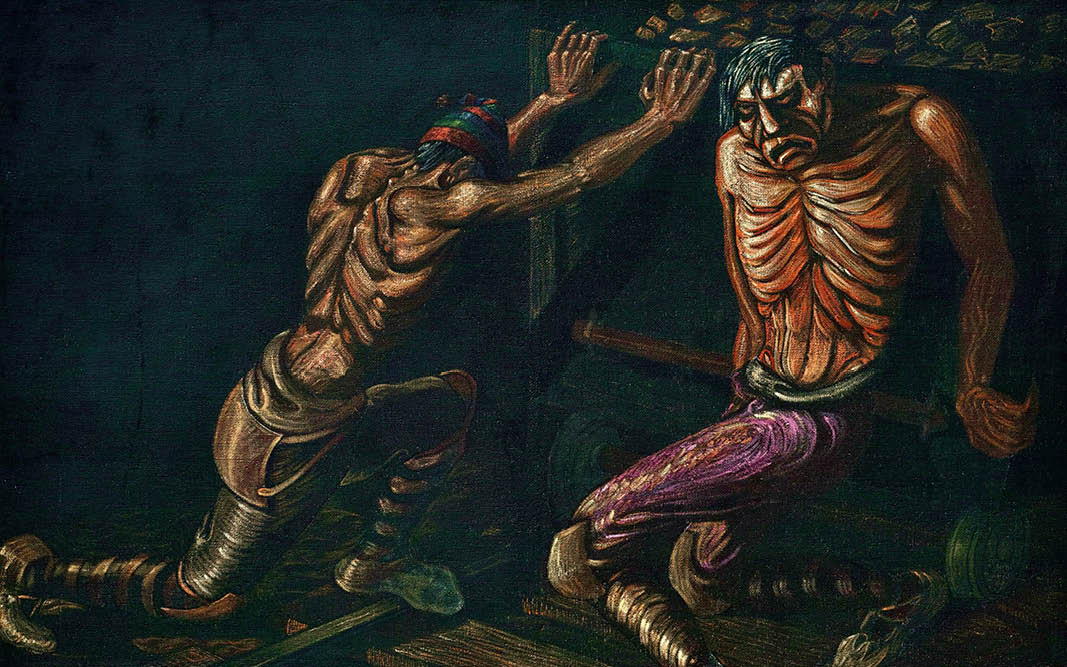 A dark painting of people moving tin in a mine