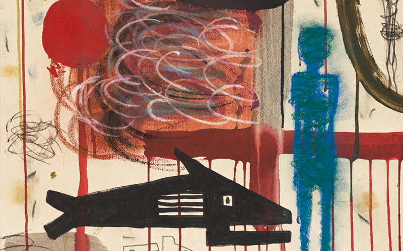 A colorful drawing depicts the stylized forms of a whale and a person