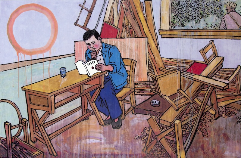 A painted woodcut shows a young man reading in a room strewn with furniture, tools, and wood