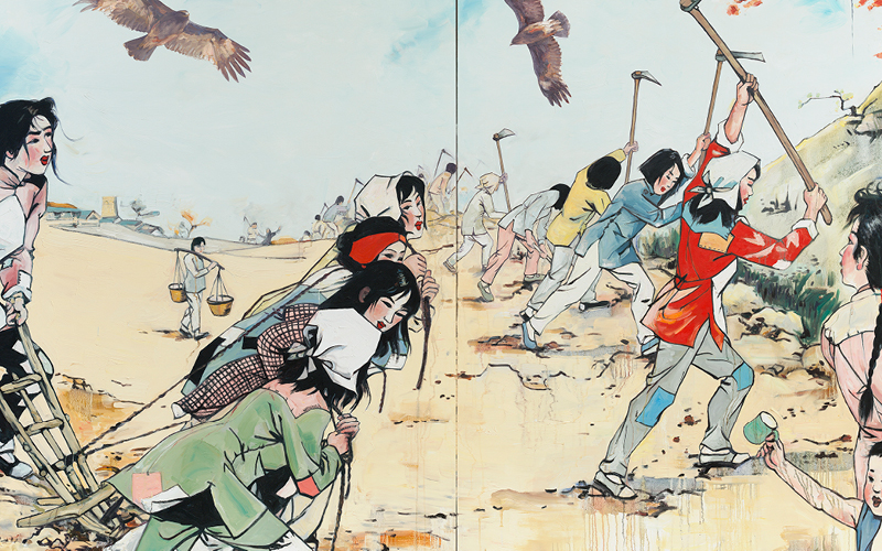 A detail of a colorful painting that shows women laborers in a field