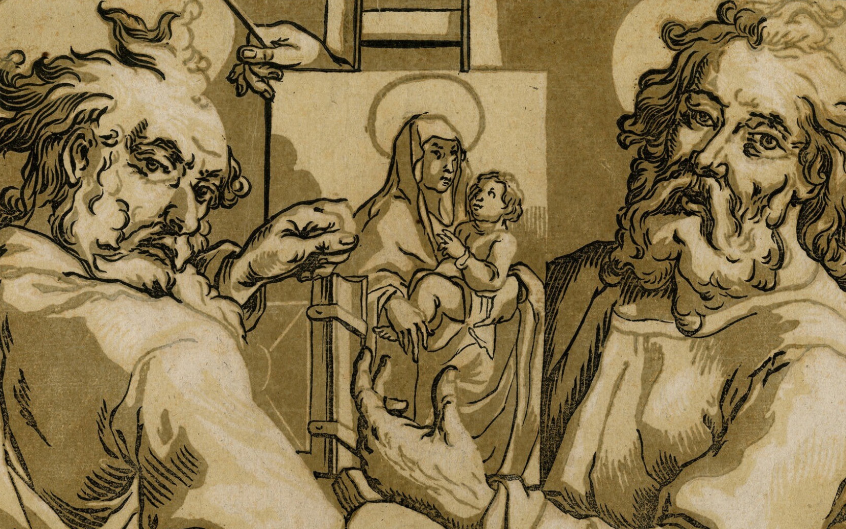 A detail of an Old Master drawing of two saints flanking an image of the Virgin and Child