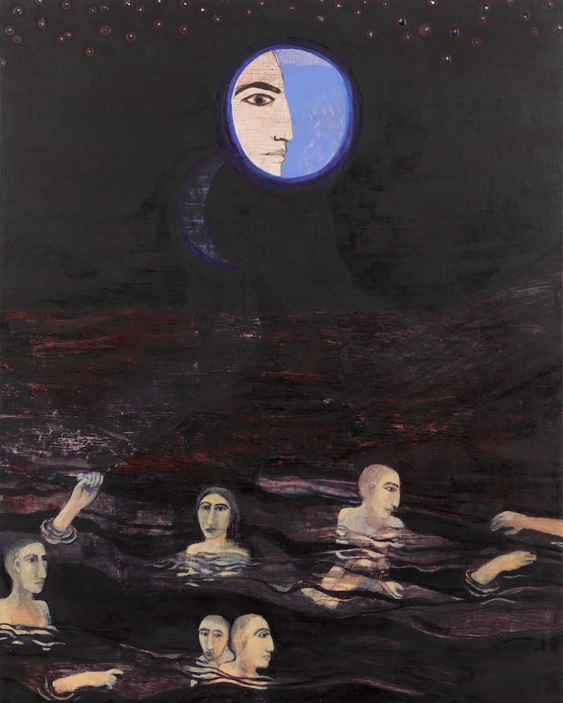 A painting shows a surreal scene of a moon with a face and people swimming