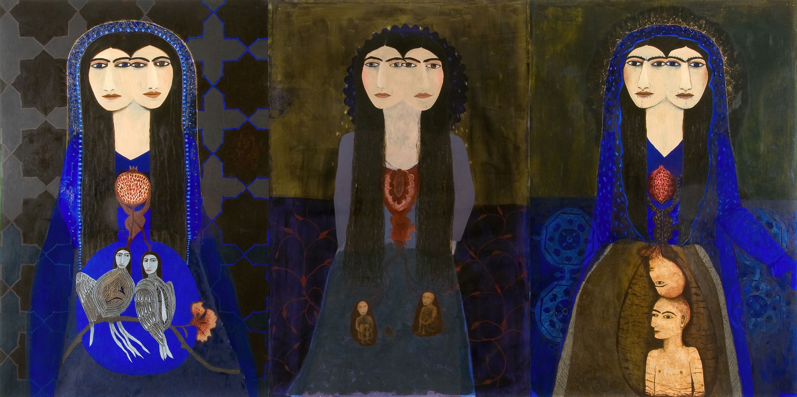 A painting shows surreal depictions of three women each with two faces