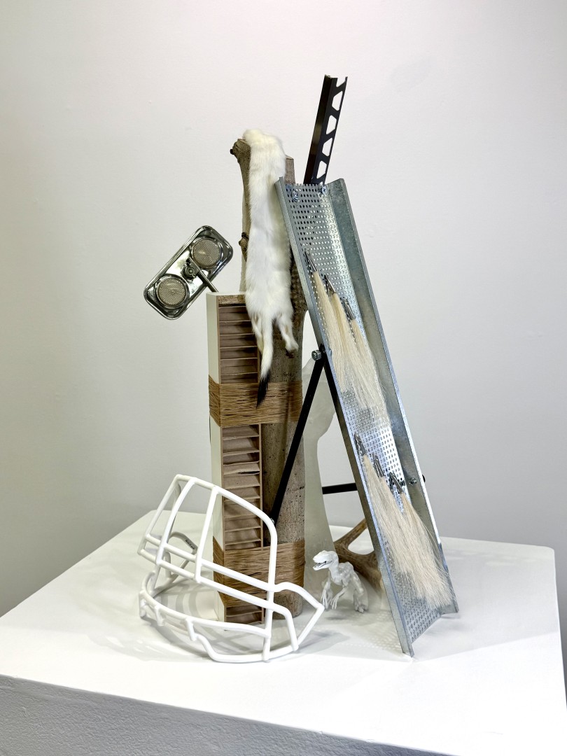a collection of glass, wood, metal, horsehair, hardware, antler, bicycle mirror, beads, rods, horn, rope, and other materials
