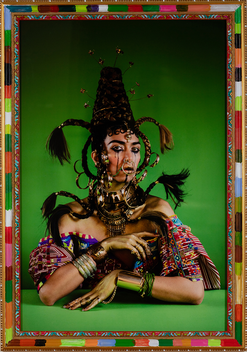 Demons, Tlazoteotl ‘Eater of Filth,’ p92 from Indigenous Woman, 2018, c-print mounted on Sintra, hand-painted artist frame, by Martine Gutierrez. Bowdoin College Museum of Art, Brunswick, Maine. © Martine Gutierrez; Courtesy of the artist and RYAN LEE Gallery, New York.