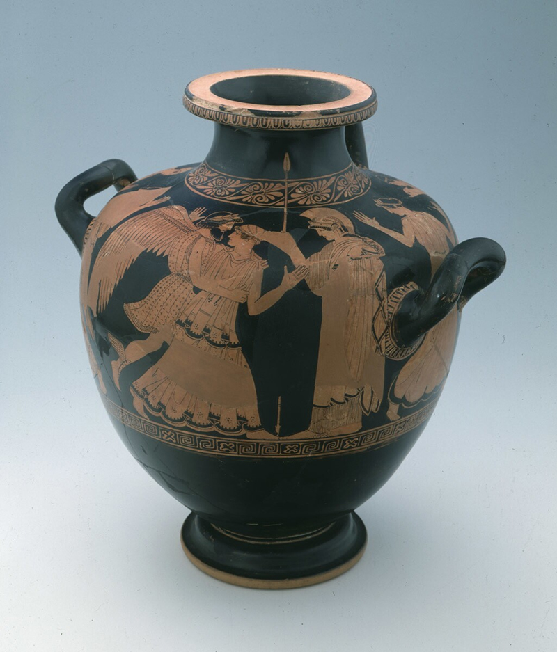 An ancient red-figure vessel showing the abduction of princess Oreithyia, daughter of Erechtheus, king of Athens, by Boreas, the North Wind