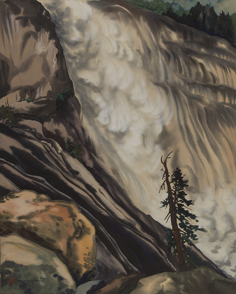a painting of a large, thundering waterfall with a tree in the foreground