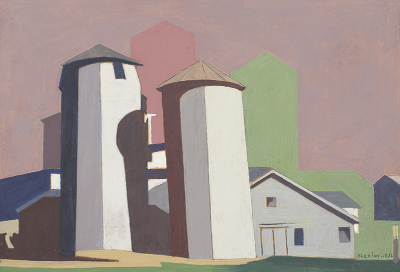 a painting of silos against a pink sky