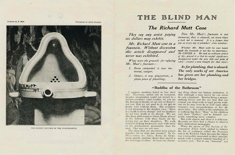 A page with a photo of  "The Fountain" by Richard Mutt on the left, and text on the right