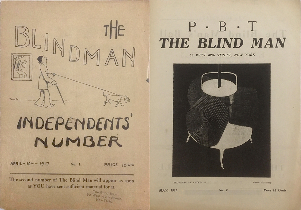The covers of "The Blind Man," published in 1917, showing a black and white drawing of a man with a dog on a leash on the left cover, and a drawing of a machine on the right cover