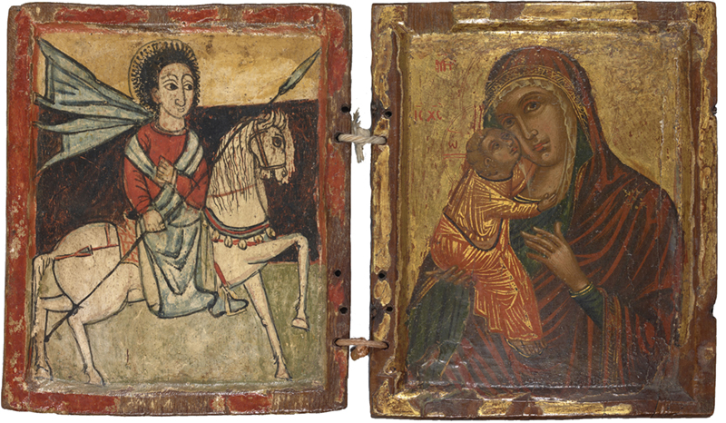 A diptych showing St. George riding on a horse on the left, and the Virgin and Child on the right