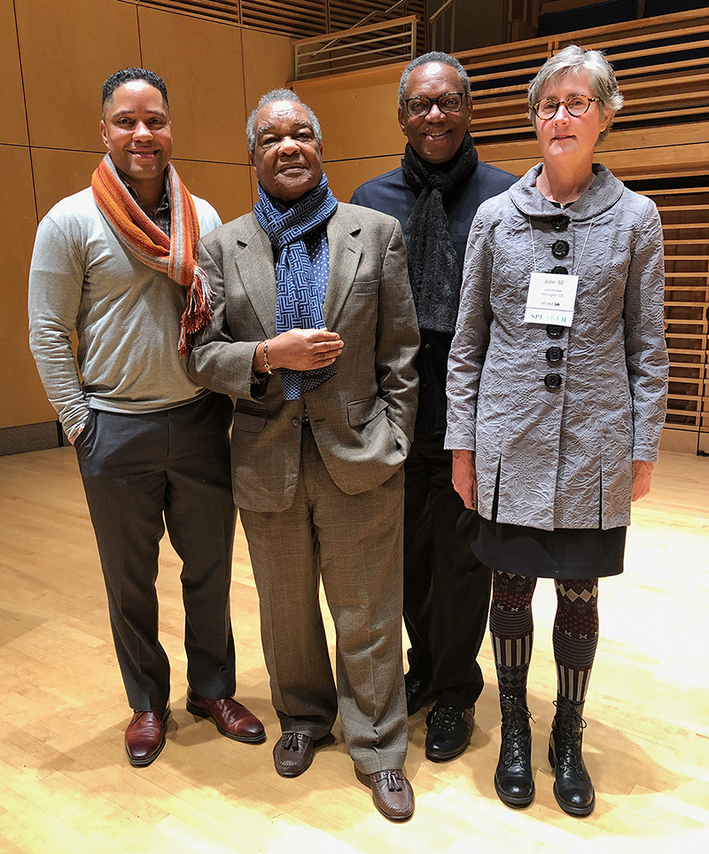 (Left to right) Rodney Moore, Dr. Driskell’s nephew; David C. Driskell H’89; Alvin Hall ’74; and Julie McGee ’82, on November 9, 2019.