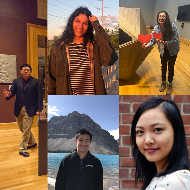 a photo of the graduating interns at the Bowdoin College Museum of Art. clockwise, starting at left: graduating Bowdoin seniors Horace Wang, Charlotte Youkilis, Rebeca Perez-Bernal, Yvonne Fang, and Benjamin Wu.