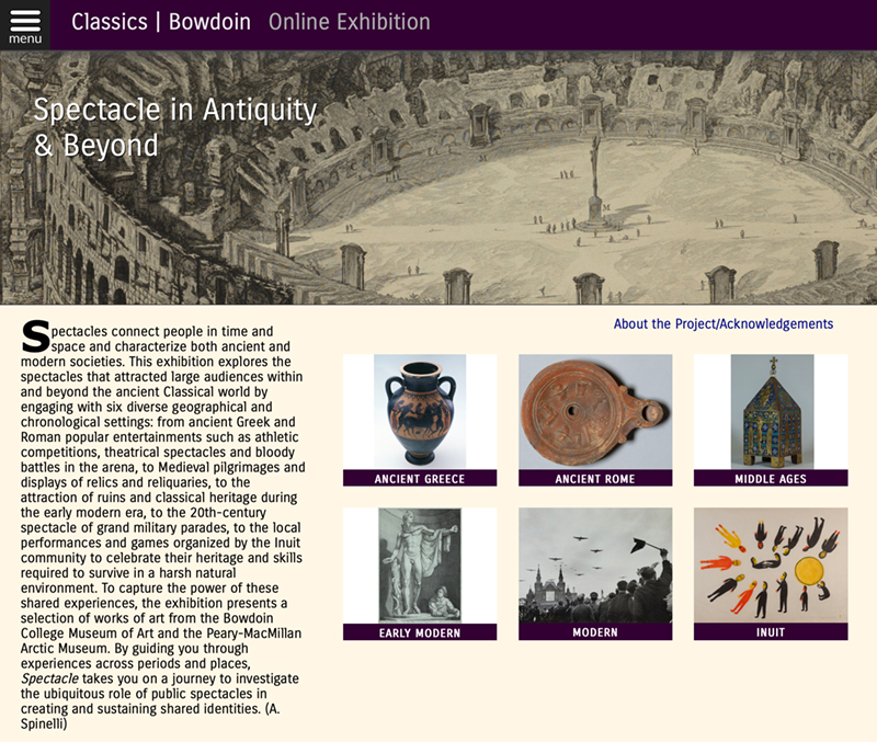 The “landing page” for the online exhibition “Sepectacle in Antiquity and Beyond.” 