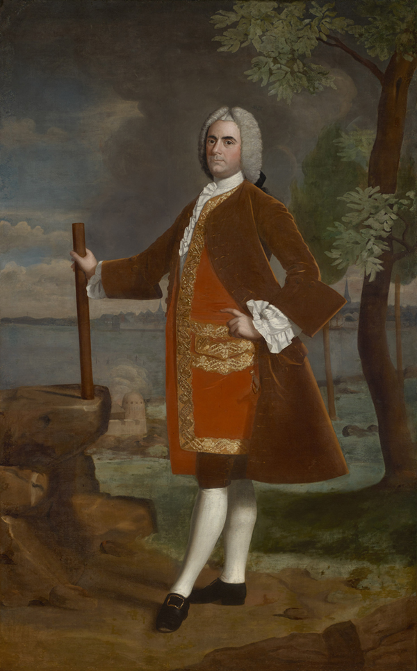 A painting of a  colonial gentleman in a brown long coat