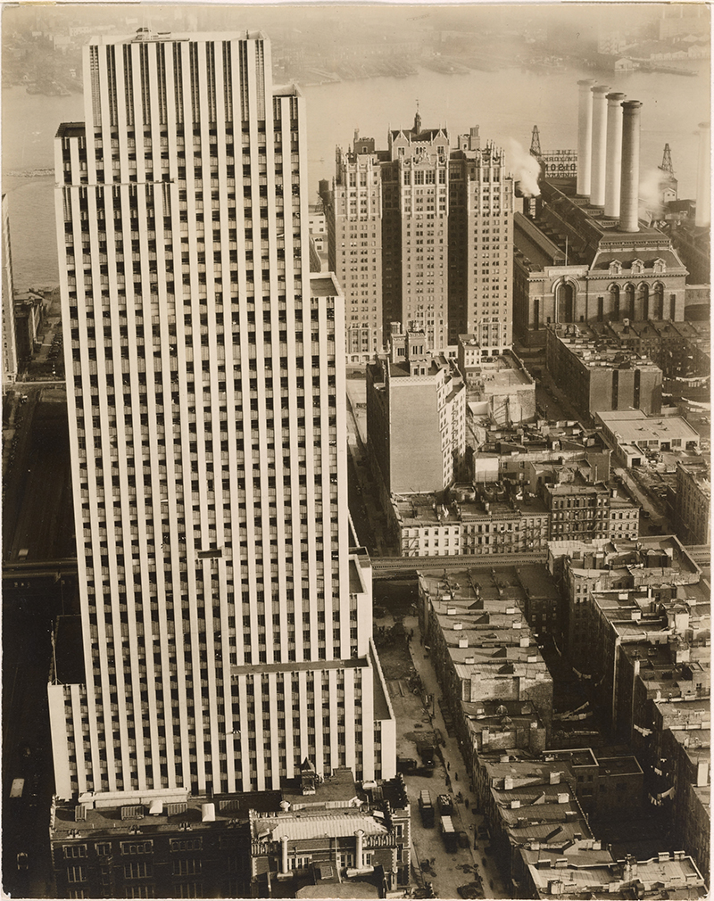 Skycrapers in an urban setting in sepia tones