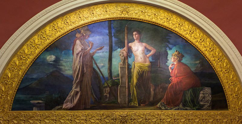 a classical painting showing three figures representing the city of Athens