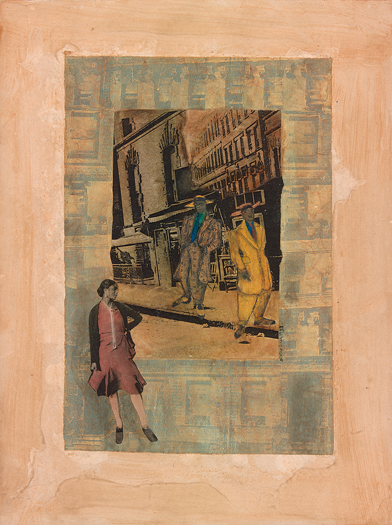 A collage in muted colors showing a woman in a red dress at the lower left, and two gentlemen in front of urban buildings on the right.