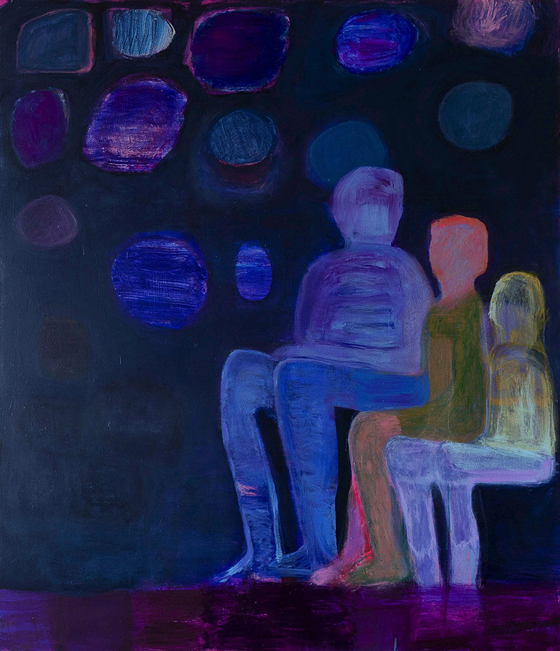 A painting showing three seated figures without features against a dark background with abstract shapes