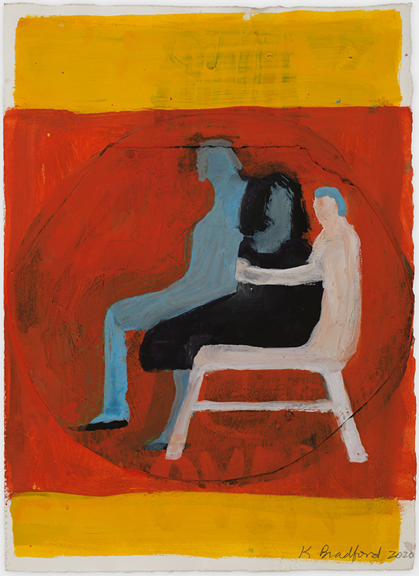 a pinting showing three featureless figures sitting in each others' laps against a background of red and orange/yellow