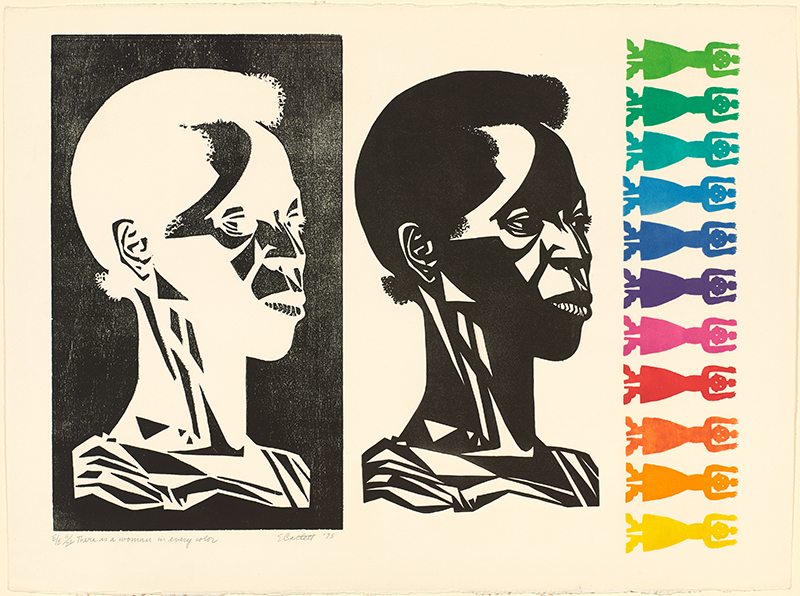 A print showing the heads of two women facing right. On the right margin there is a vertical array of silhouettes of women in various rainbow colors
