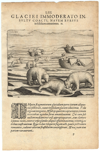 A page from an early book showing explorers and polar bears